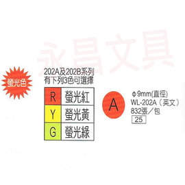 華麗牌WL-202A 彩色自黏標籤紙 直徑9mm (832張/包)