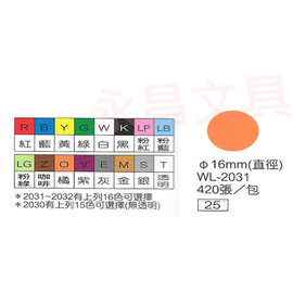 華麗牌WL-2031 彩色自黏標籤紙 直徑16mm (420張/包)