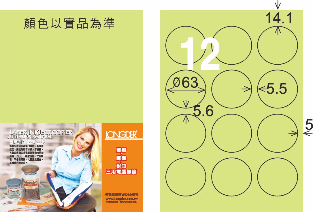 龍德 LD-821-G-C A4三用電腦標籤 淺綠色 / 包