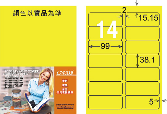 龍德 LD-816-FY-C A4雷射影印標籤 螢光黃 / 包