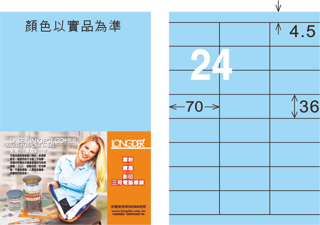 龍德 LD-826-B-C A4三用電腦標籤 淺藍色 / 包