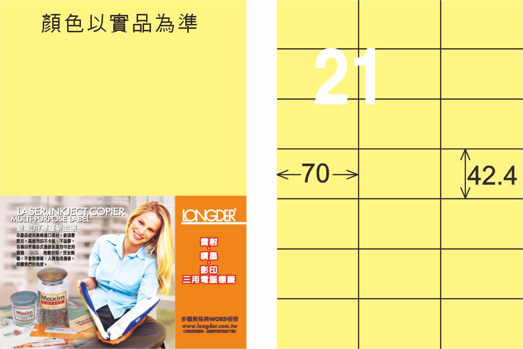 龍德 LD-836-Y-C A4三用電腦標籤 淺黃色 / 包