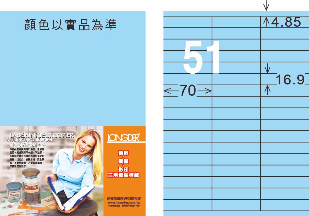 龍德 LD-829-B-C A4三用電腦標籤 淺藍色 / 包
