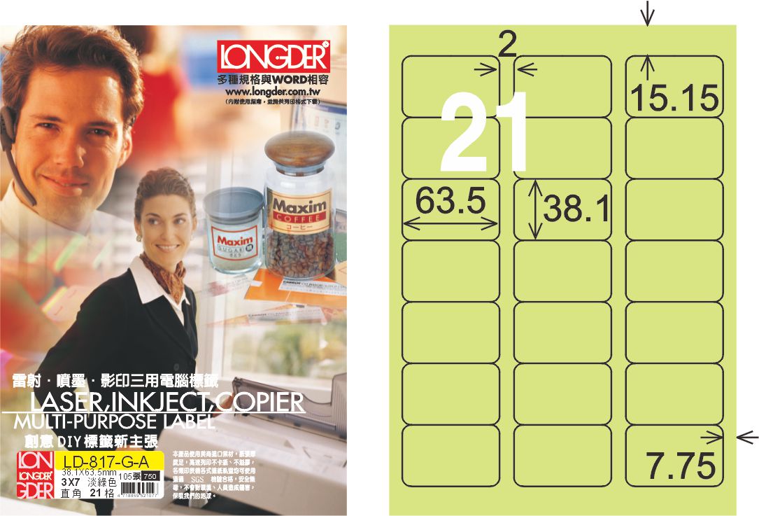 龍德 LD-817-G-A A4三用電腦標籤 淺綠色 / 盒