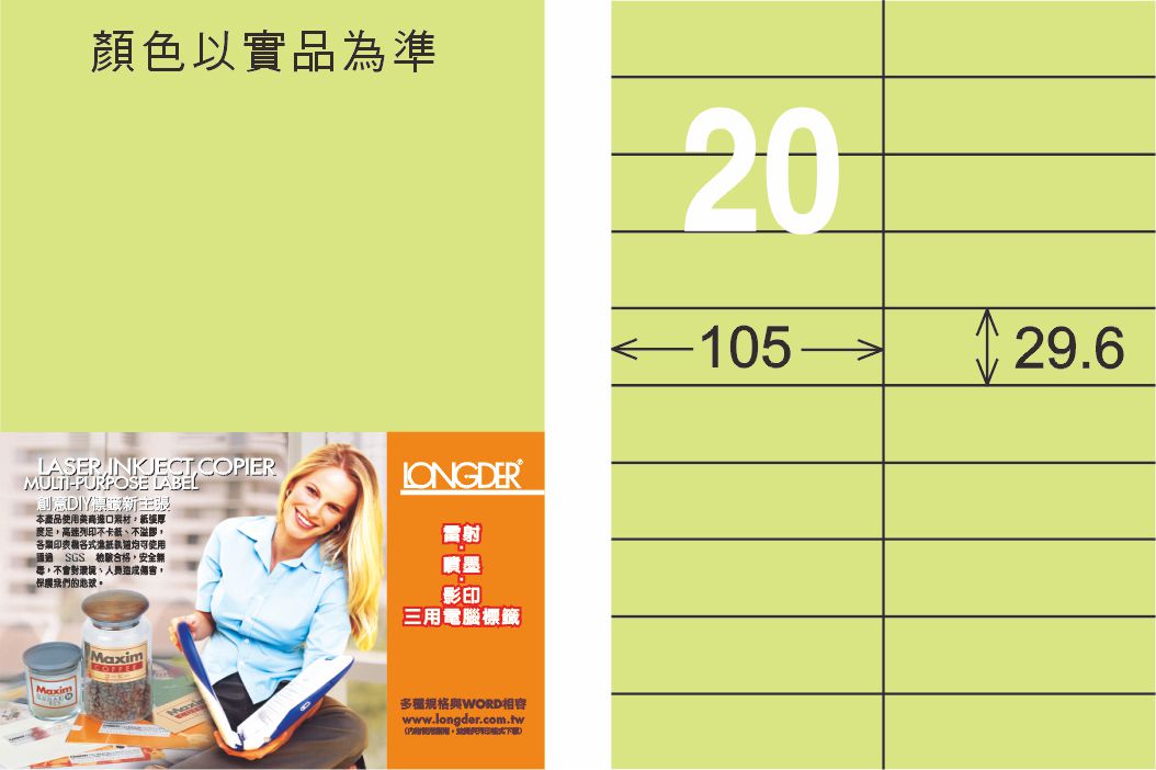 龍德 LD-833-G-C A4三用電腦標籤 淺綠色 / 包