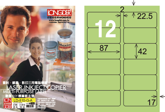 龍德 LD-810-G-A A4三用電腦標籤 淺綠色 / 盒