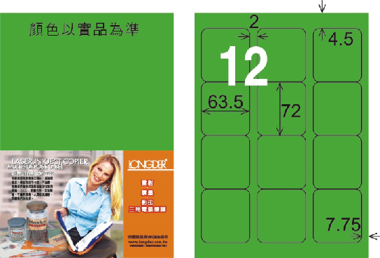 龍德 LD-815-FG-C A4雷射影印標籤 螢光綠 / 包