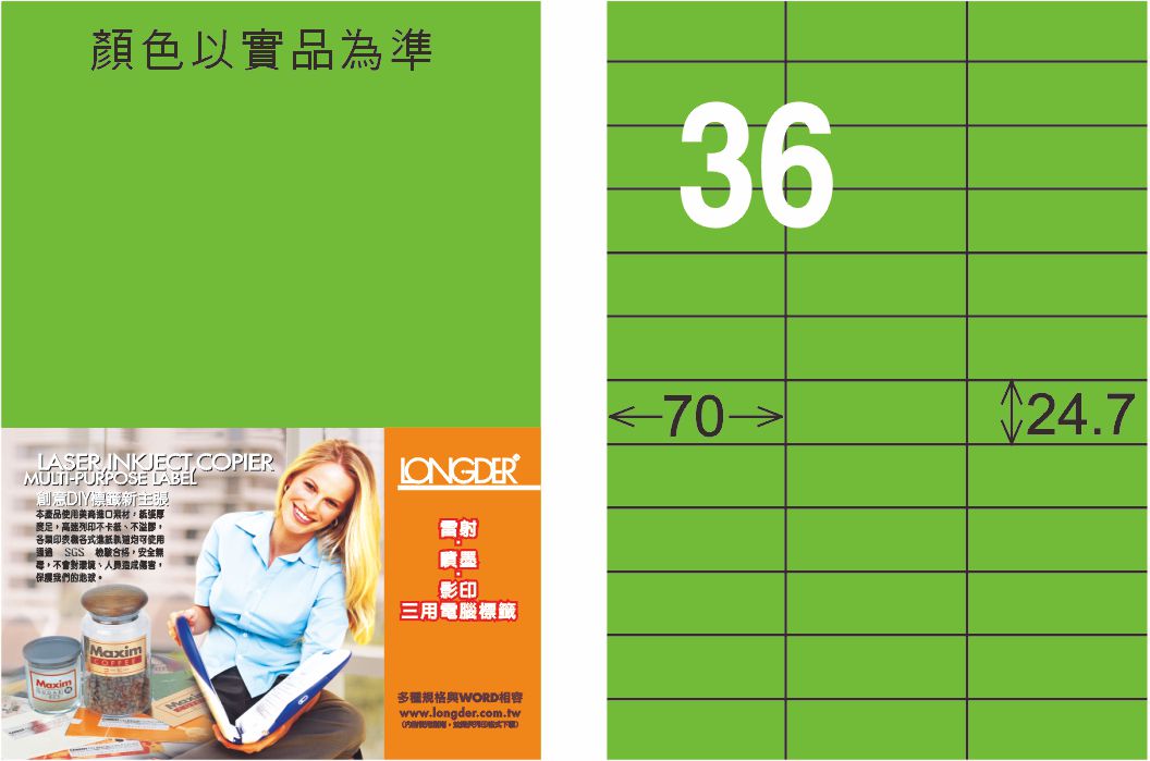 龍德 LD-830-FG-C A4雷射影印標籤 螢光綠 / 包