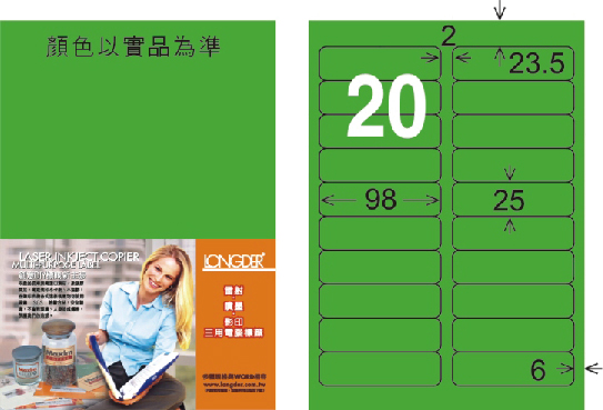 龍德 LD-812-FG-C A4雷射影印標籤 螢光綠 / 包