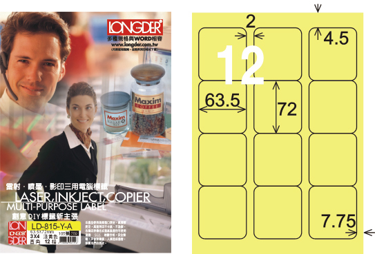 龍德 LD-815-Y-A A4三用電腦標籤 淺黃色 / 盒
