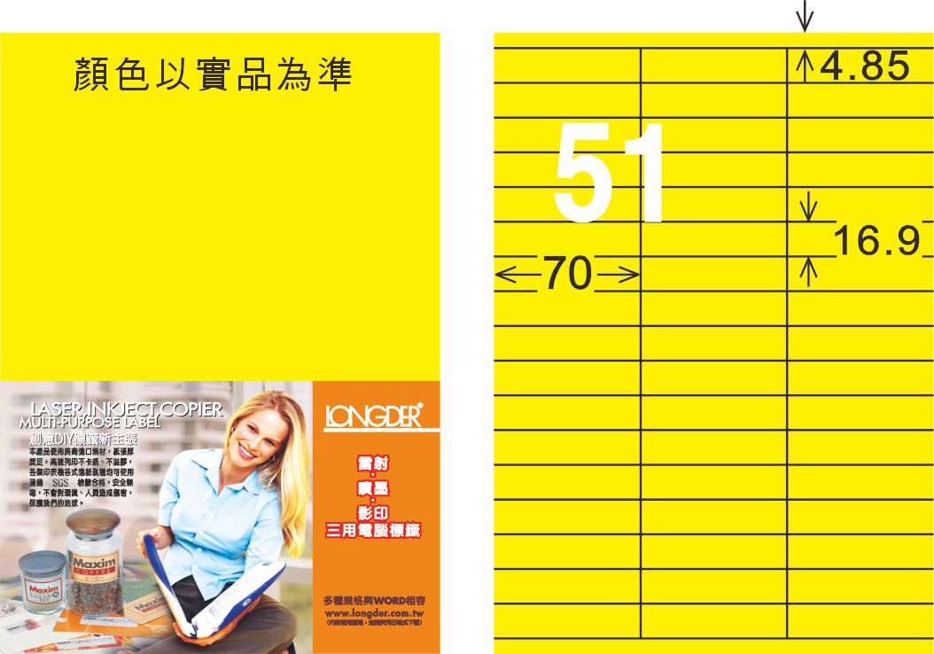 龍德 LD-829-FY-C A4雷射影印標籤 螢光黃 / 包