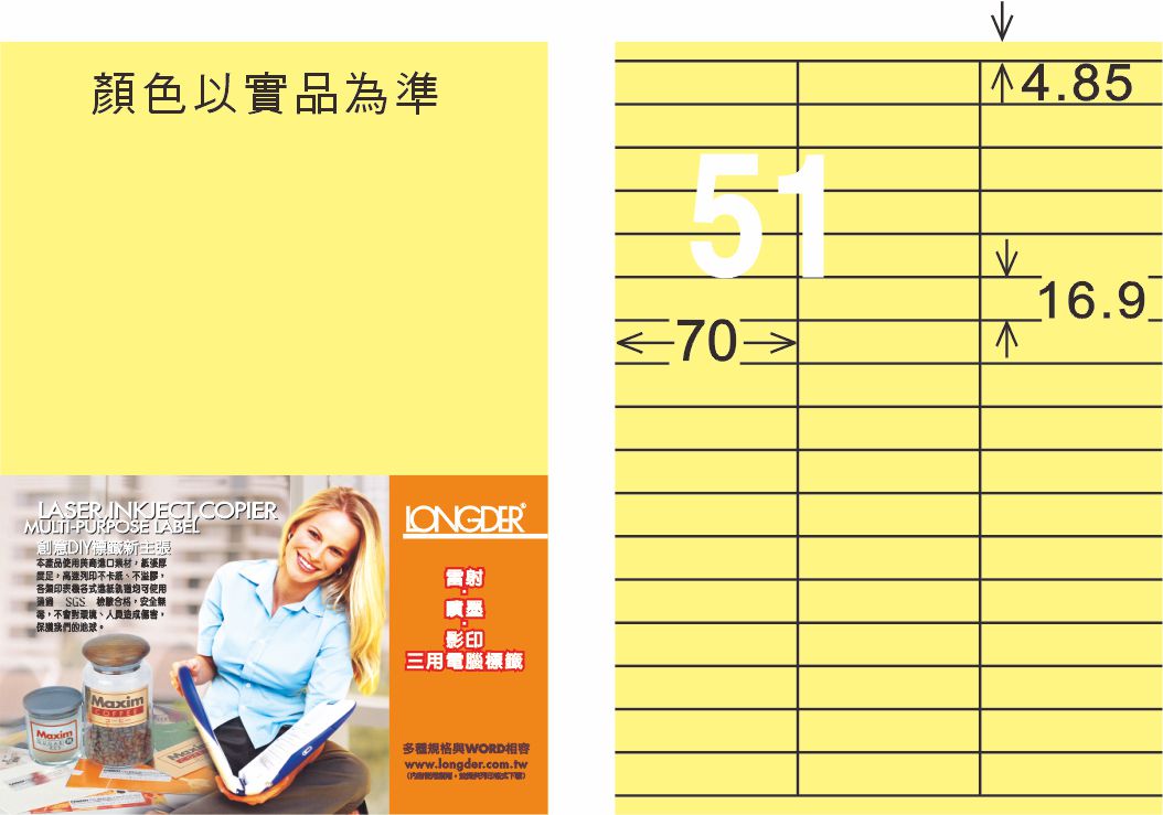 龍德 LD-829-Y-C A4三用電腦標籤 淺黃色 / 包