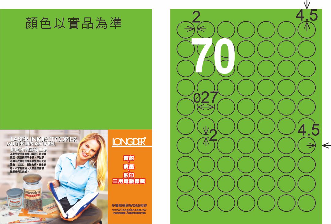 龍德 LD-822-FG-C A4雷射影印標籤 螢光綠 / 包