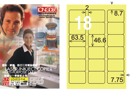 龍德 LD-813-Y-A A4三用電腦標籤 淺黃色 / 盒