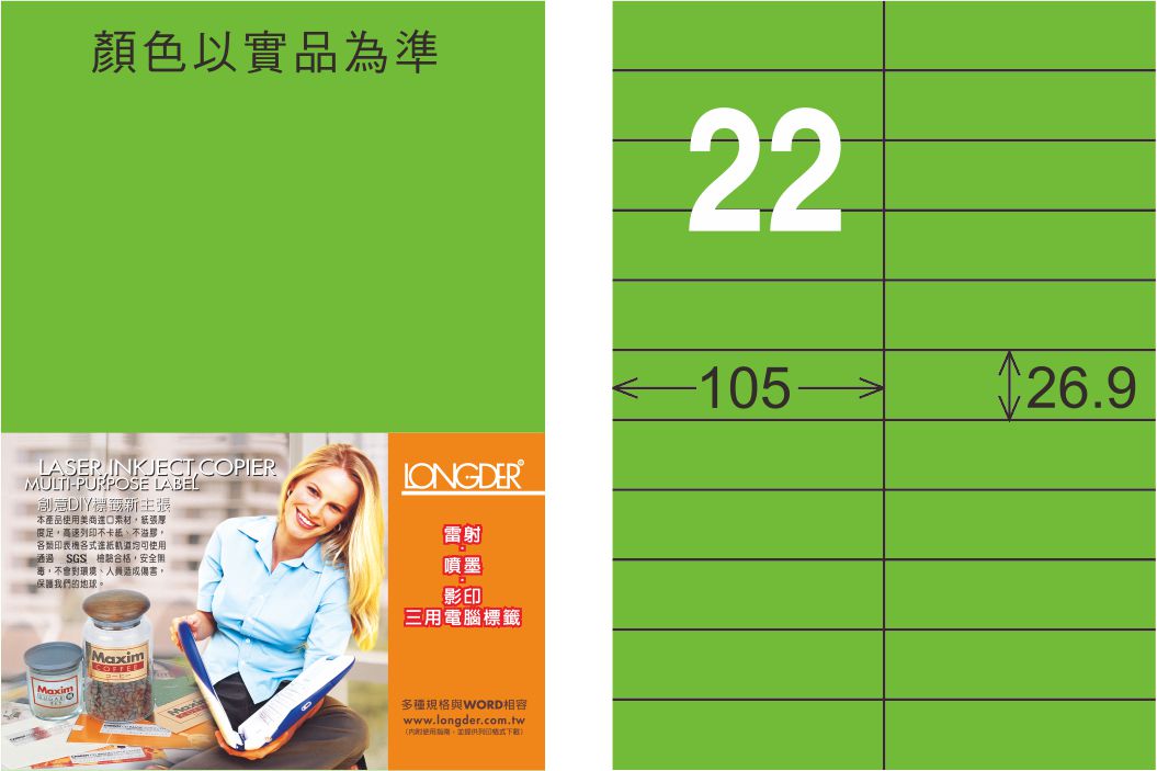 龍德 LD-842-FG-C A4雷射影印標籤 螢光綠 / 包