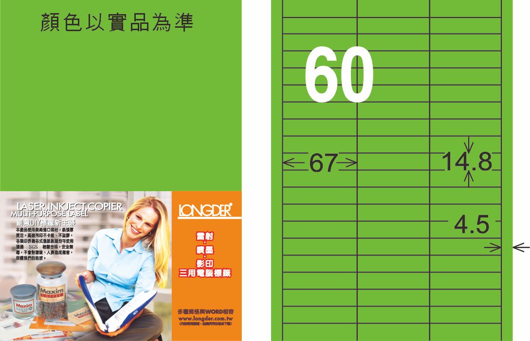 龍德 LD-844-FG-C A4雷射影印標籤 螢光綠 / 包