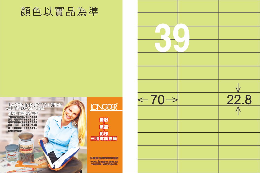 龍德 LD-838-G-C A4三用電腦標籤 淺綠色 / 包