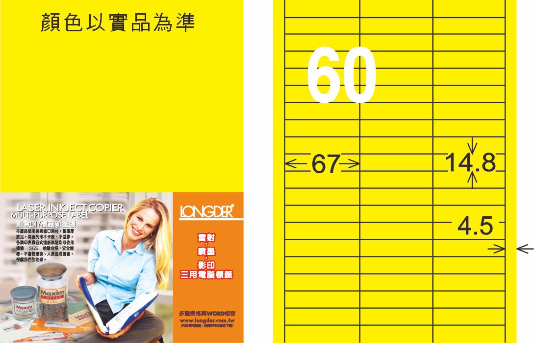 龍德 LD-844-FY-C A4雷射影印標籤 螢光黃 / 包