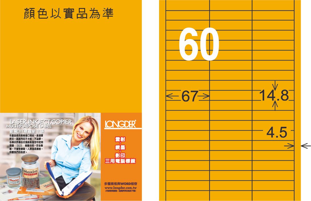 龍德 LD-844-FO-C A4雷射影印標籤 螢光橘 / 包