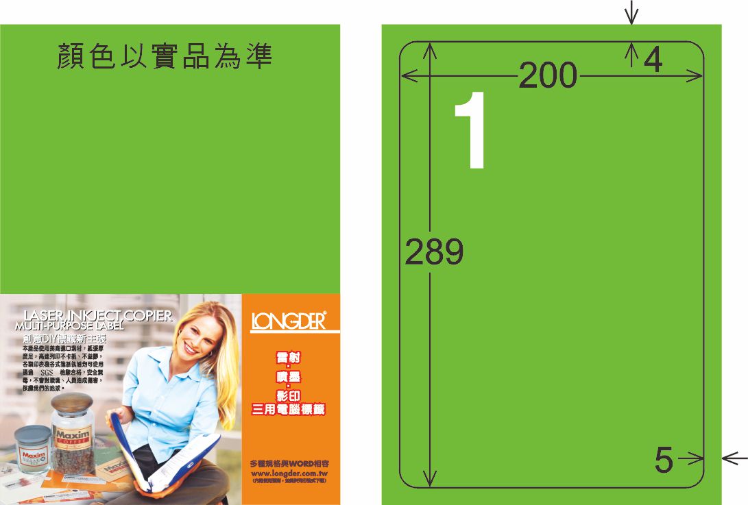 龍德 LD-860-FG-C A4雷射影印標籤 螢光綠 / 包