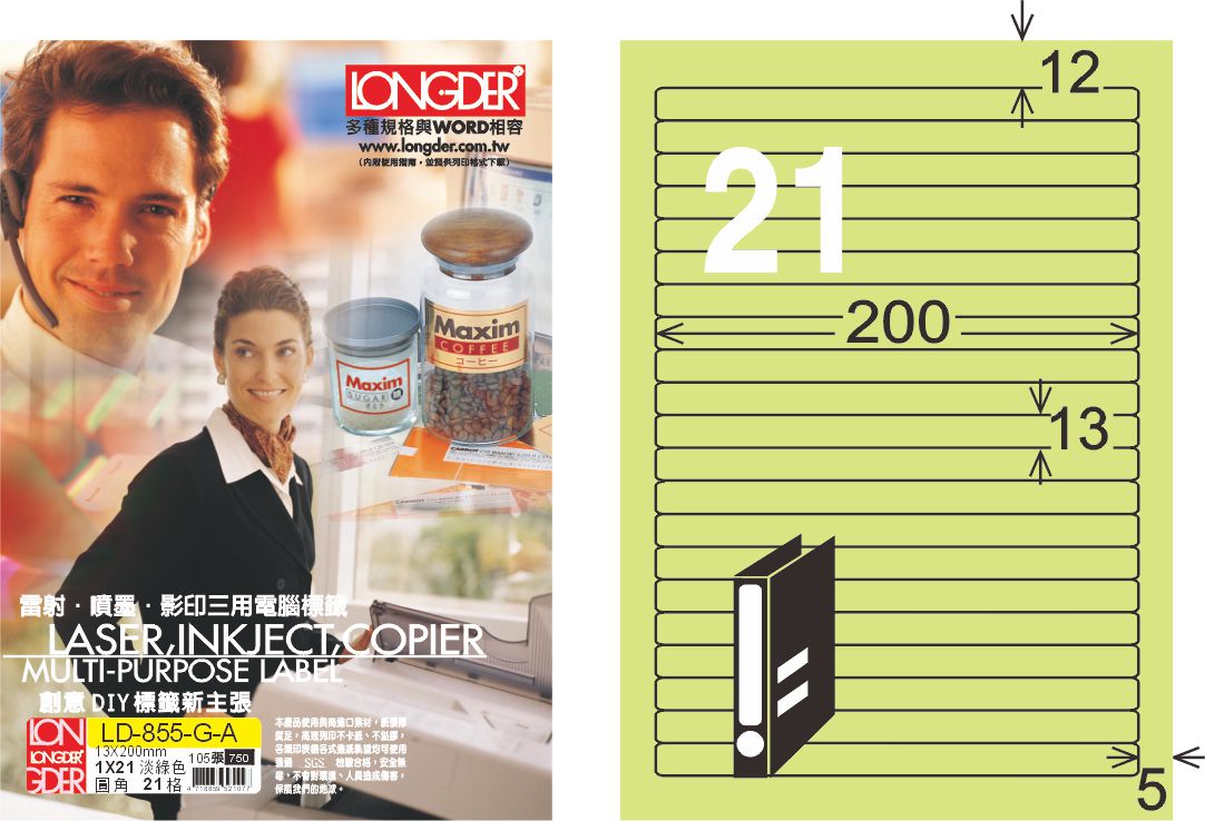 龍德 LD-855-G-A A4三用電腦標籤 淺綠色 / 盒