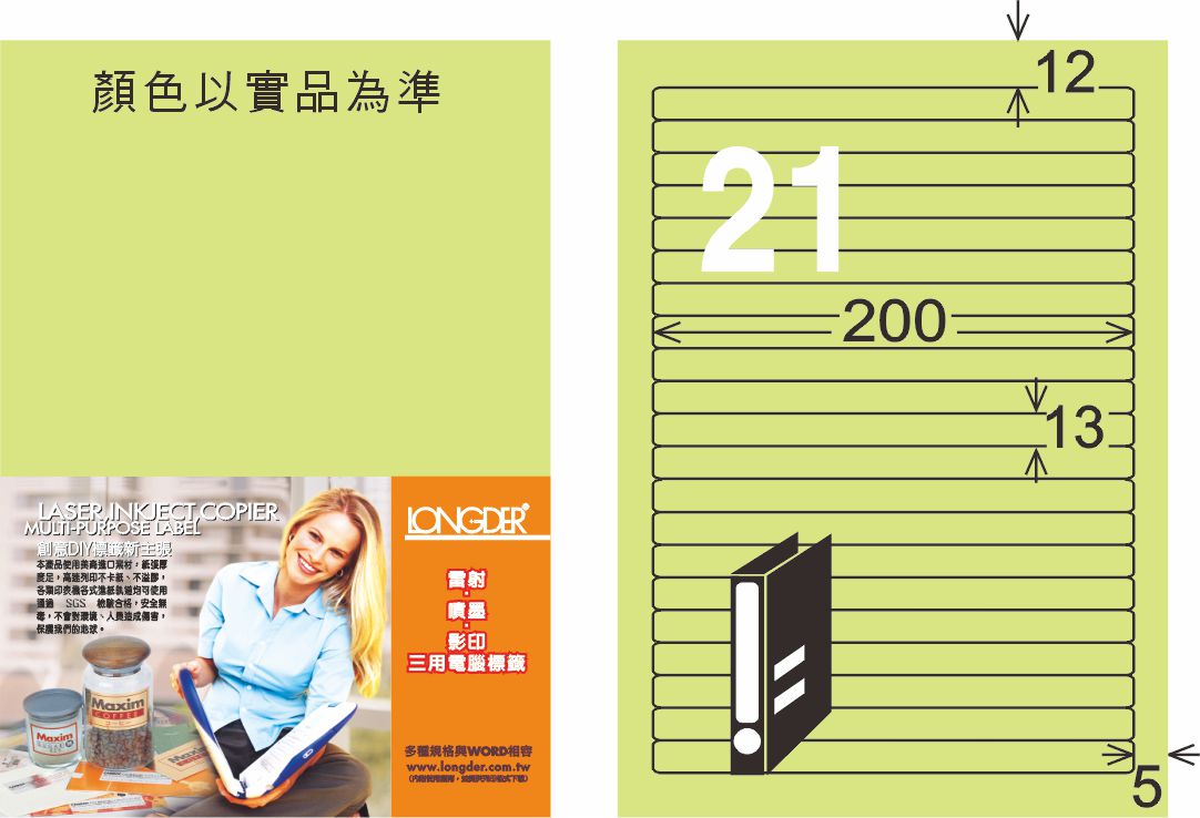 龍德 LD-855-G-C A4三用電腦標籤 淺綠色 / 包