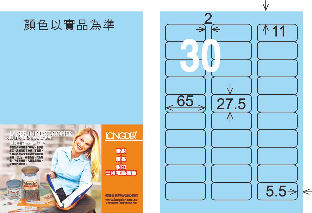 龍德 LD-852-B-C A4三用電腦標籤 淺藍色 / 包