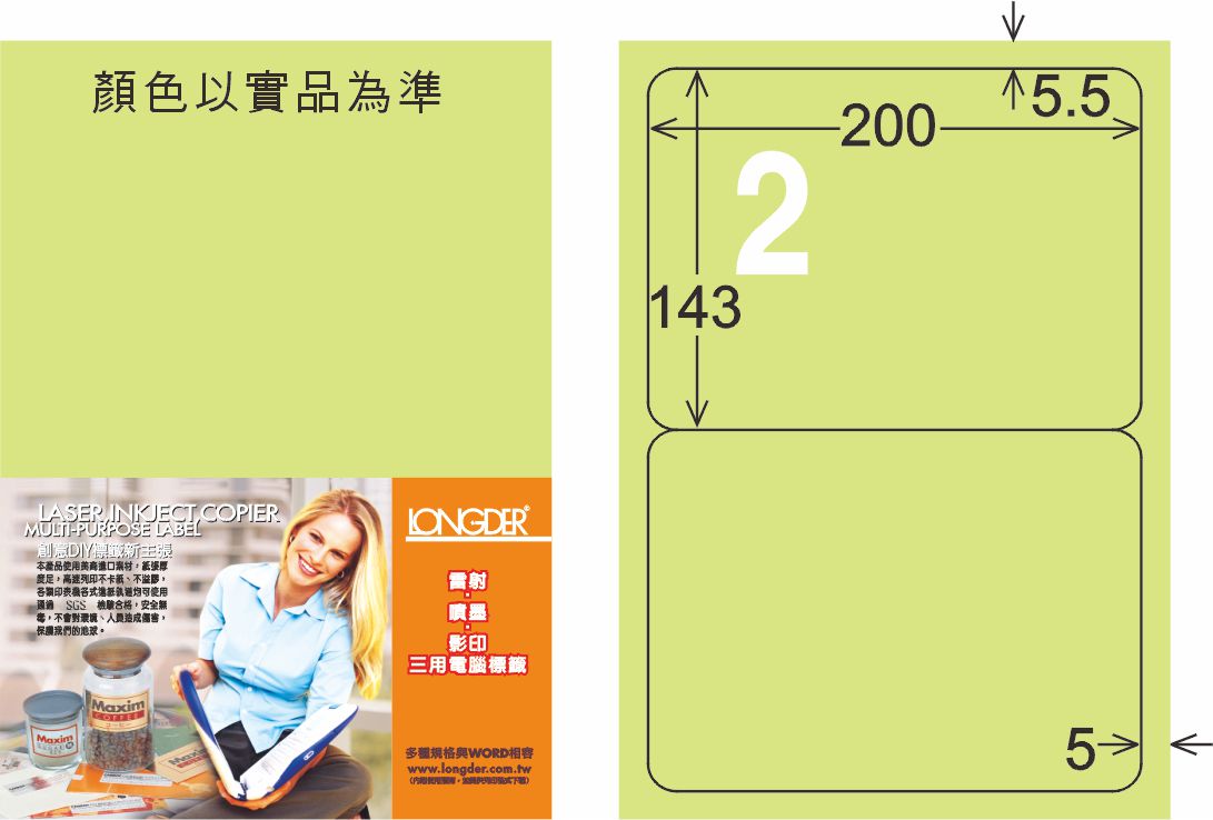 龍德 LD-861-G-C A4三用電腦標籤 淺綠色 / 包