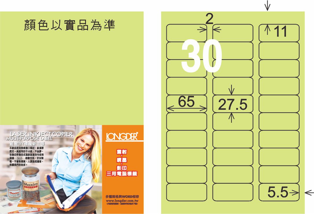 龍德 LD-852-G-C A4三用電腦標籤 淺綠色 / 包