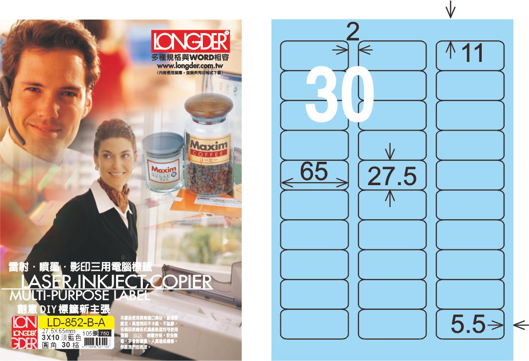 龍德 LD-852-B-A A4三用電腦標籤 淺藍色 / 盒