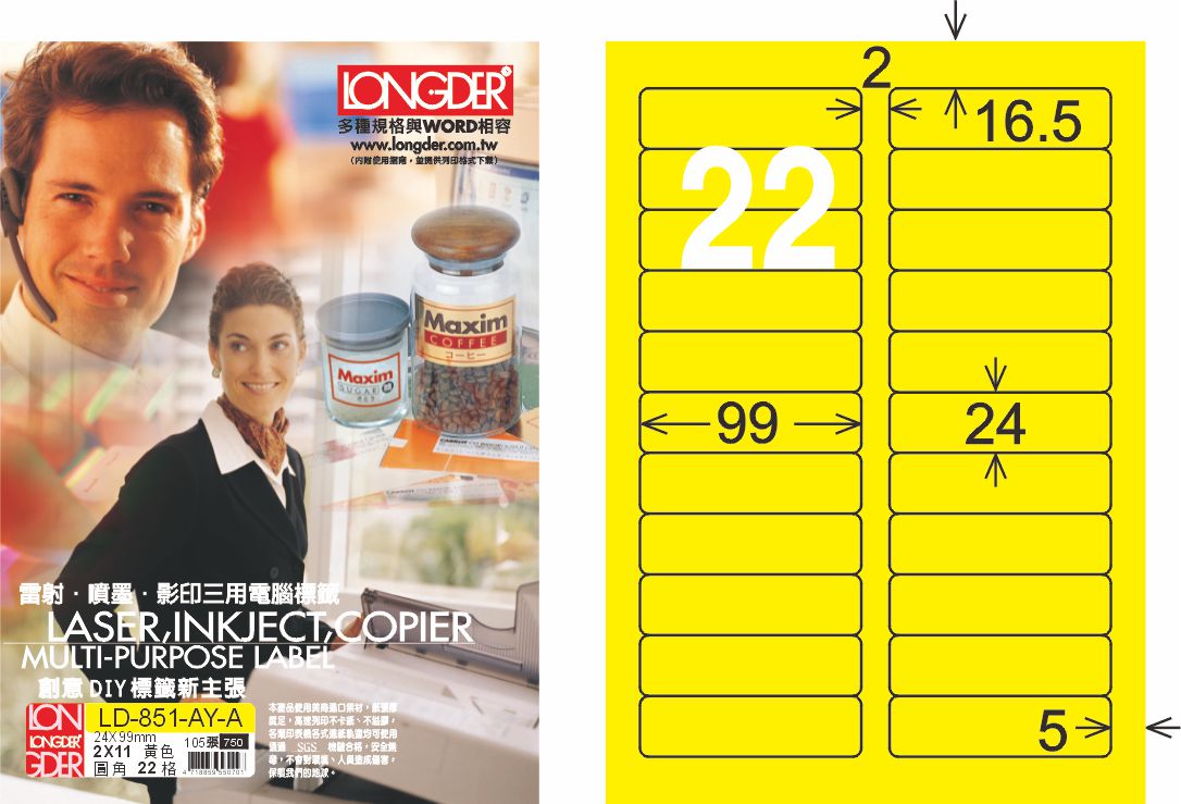 龍德 LD-851-AY-A A4雷射影印標籤 黃銅版 / 盒