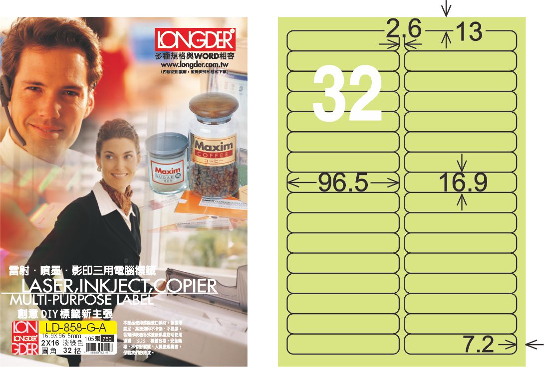 龍德 LD-858-G-A A4三用電腦標籤 淺綠色 / 盒