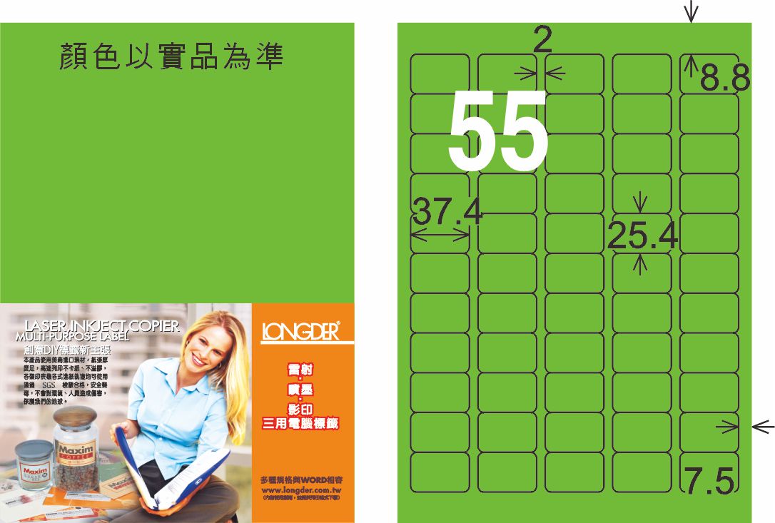 龍德 LD-853-FG-C A4雷射影印標籤 螢光綠 / 包