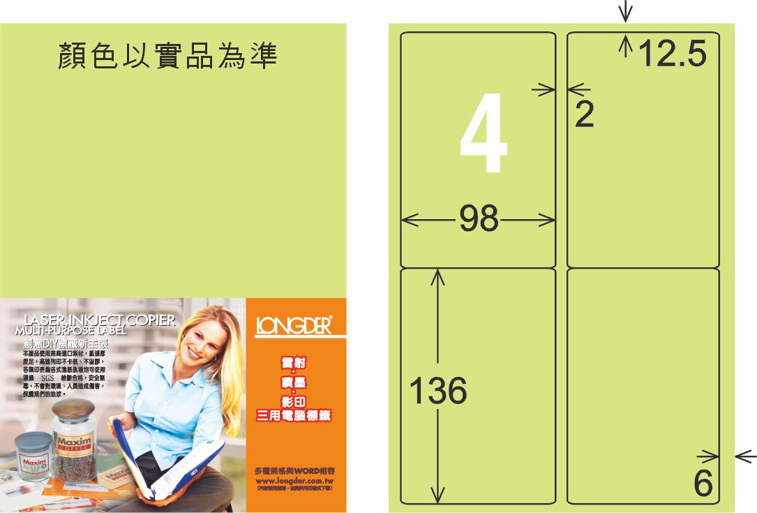 龍德 LD-856-G-C A4三用電腦標籤 淺綠色 / 包