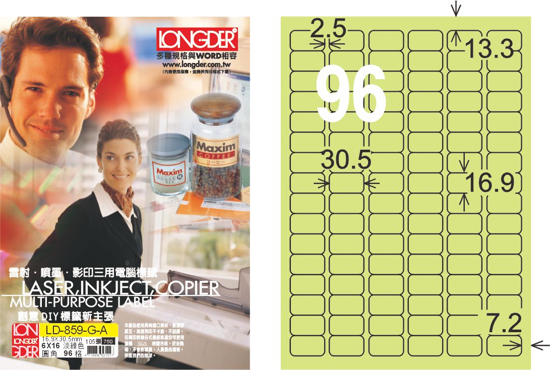 龍德 LD-859-G-A A4三用電腦標籤 淺綠色 / 盒
