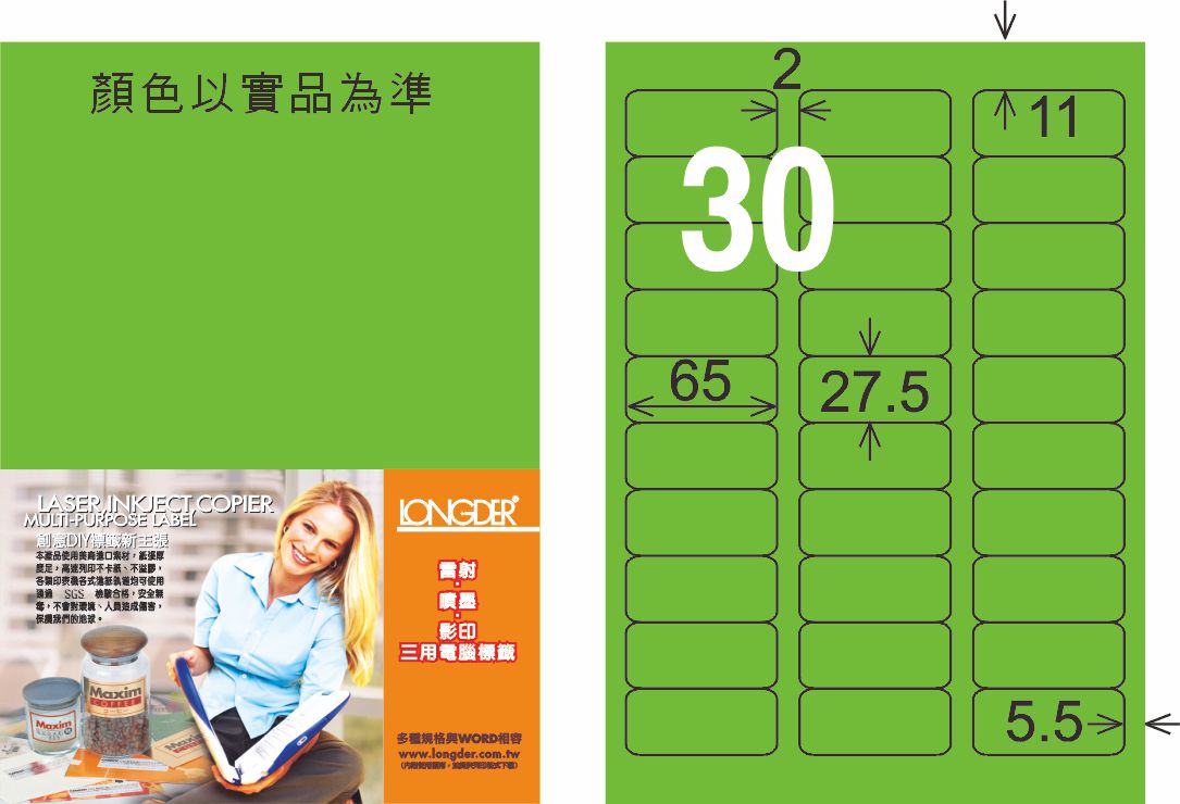 龍德 LD-852-FG-C A4雷射影印標籤 螢光綠 / 包