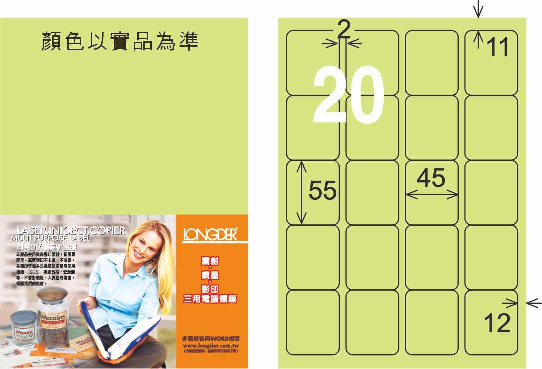 龍德 LD-857-G-C A4三用電腦標籤 淺綠色 / 包