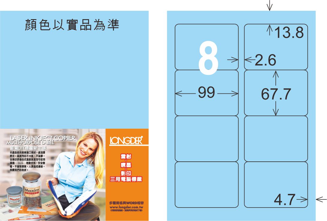 龍德 LD-862-B-C A4三用電腦標籤 淺藍色 / 包