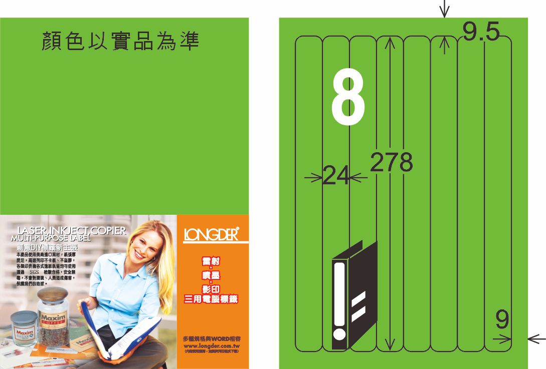 龍德 LD-866-FG-C A4雷射影印標籤 螢光綠 / 包