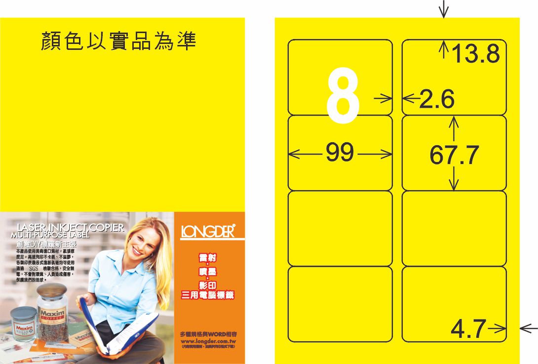 龍德 LD-862-FY-C A4雷射影印標籤 螢光黃 / 包