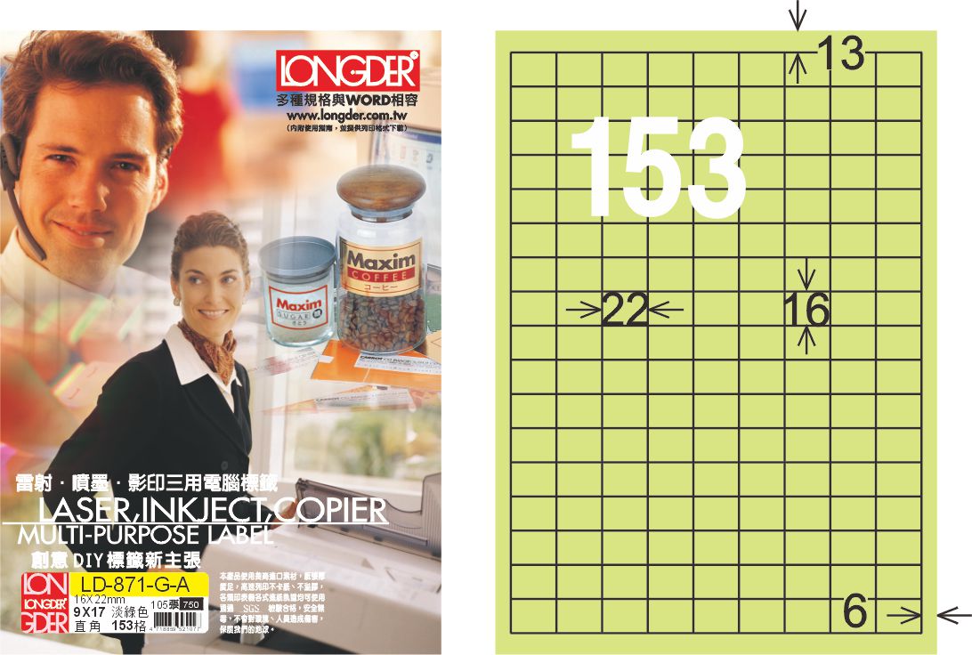 龍德 LD-871-G-A A4三用電腦標籤 淺綠色 / 盒