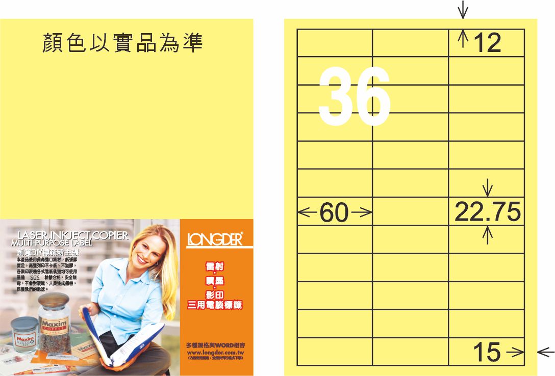 龍德 LD-874-Y-C A4三用電腦標籤 淺黃色 / 包