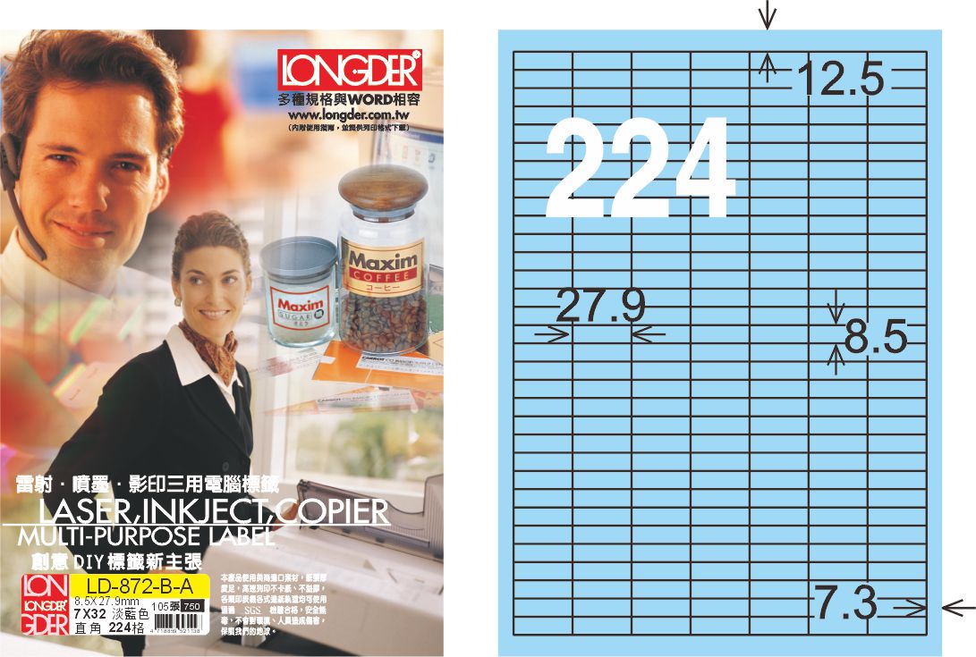 龍德 LD-872-B-A A4三用電腦標籤 淺藍色 / 盒