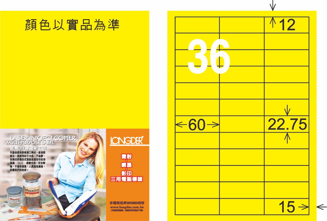 龍德 LD-874-FY-C A4雷射影印標籤 螢光黃 / 包