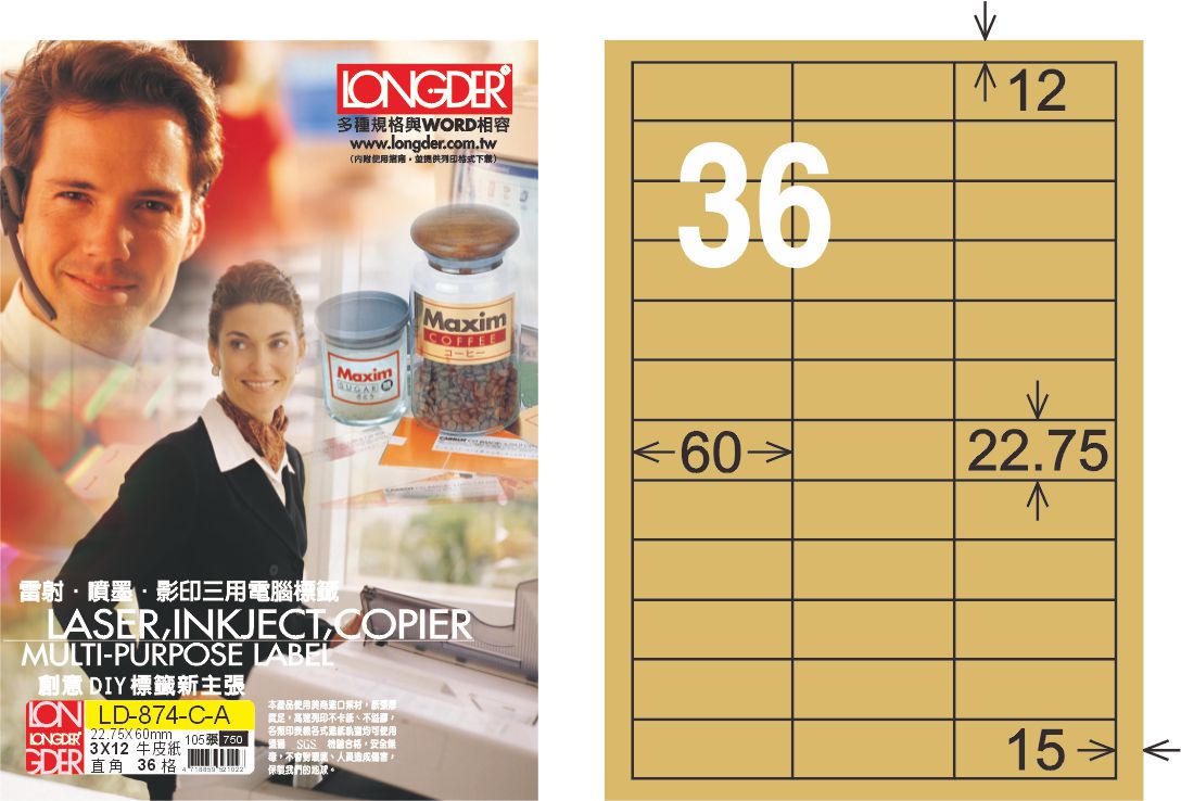 龍德 LD-874-C-A A4三用電腦標籤 牛皮紙 / 盒