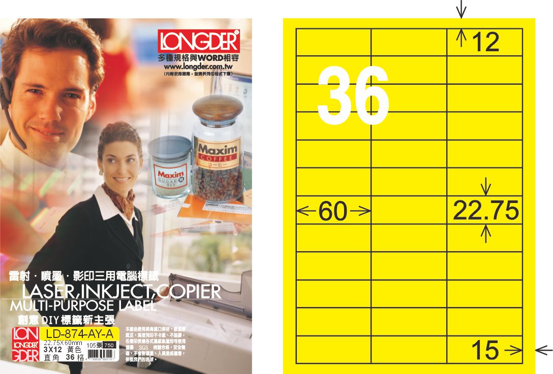 龍德 LD-874-AY-A A4雷射影印標籤 黃銅版 / 盒