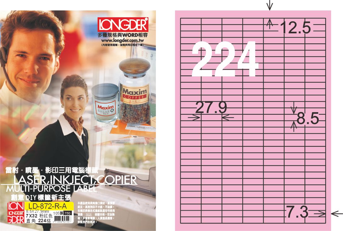 龍德 LD-872-R-A A4三用電腦標籤 粉紅色 / 盒
