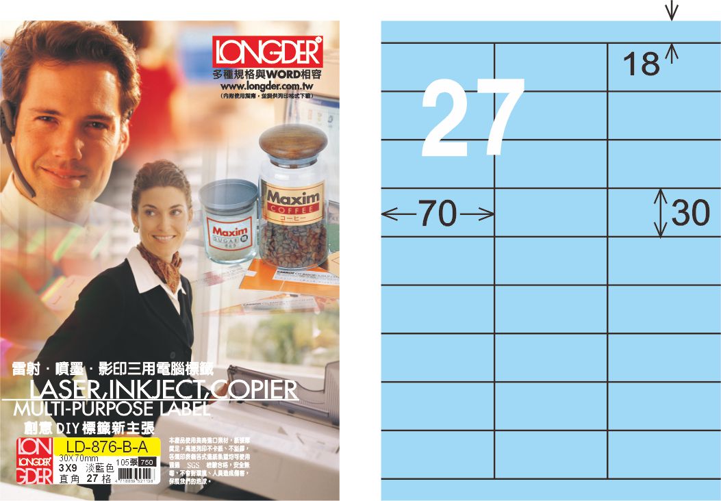 龍德 LD-876-B-A A4三用電腦標籤 淺藍色 / 盒