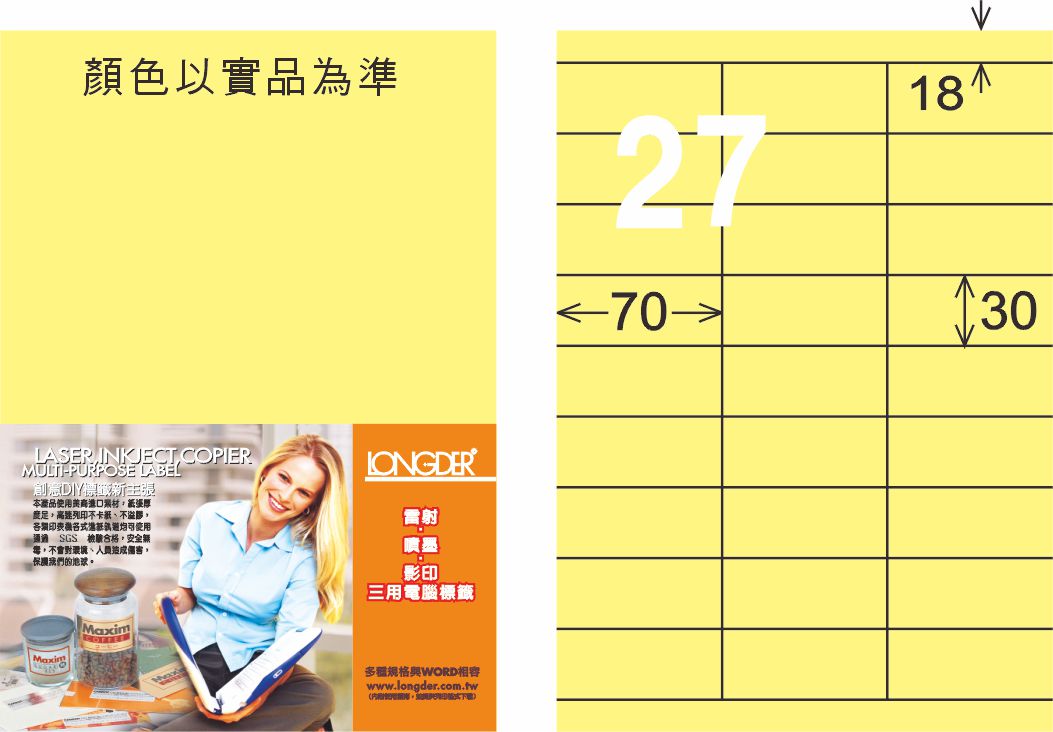 龍德 LD-876-Y-C A4三用電腦標籤 淺黃色 / 包