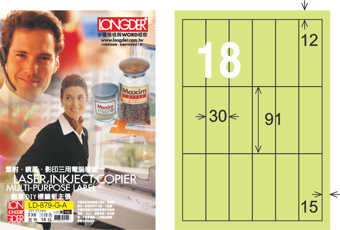 龍德 LD-879-G-A A4三用電腦標籤 淺綠色 / 盒